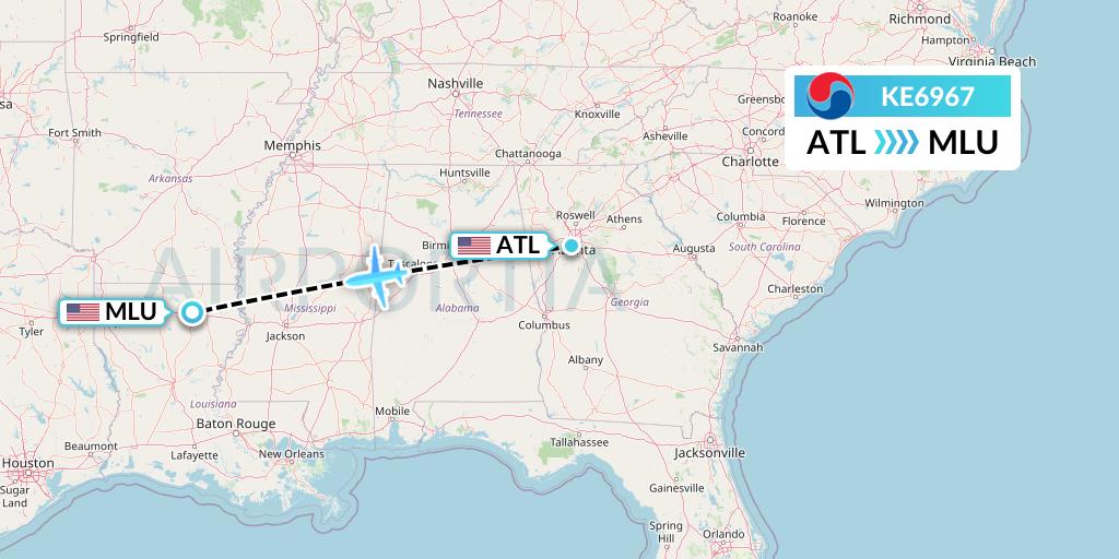 KE6967 Korean Air Flight Map: Atlanta to Monroe
