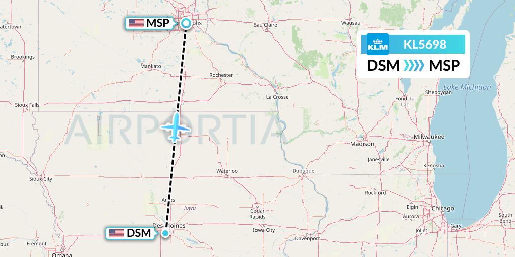 KL5698 KLM Flight Map: Des Moines to Minneapolis
