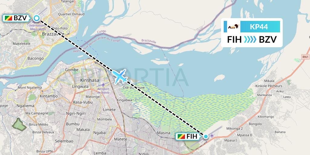 KP44 ASKY Flight Map: Kinshasa to Brazzaville