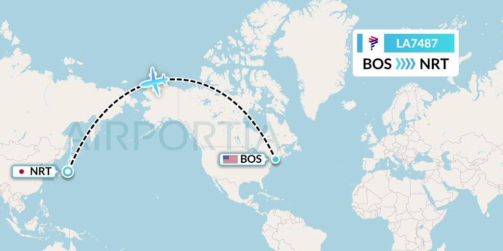 LA7487 LAN Airlines Flight Map: Boston to Tokyo