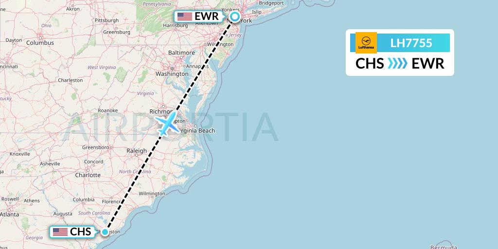 LH7755 Lufthansa Flight Map: Charleston to New York