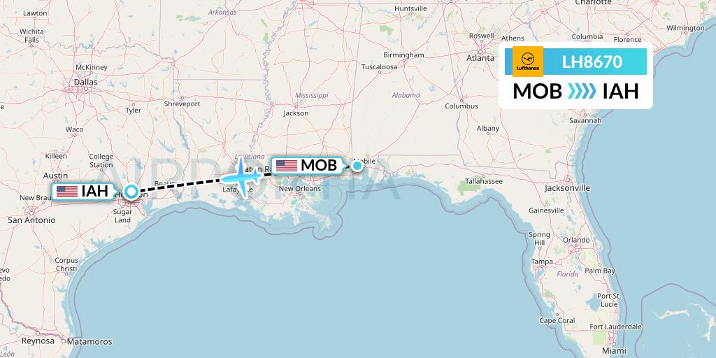 LH8670 Lufthansa Flight Map: Mobile to Houston
