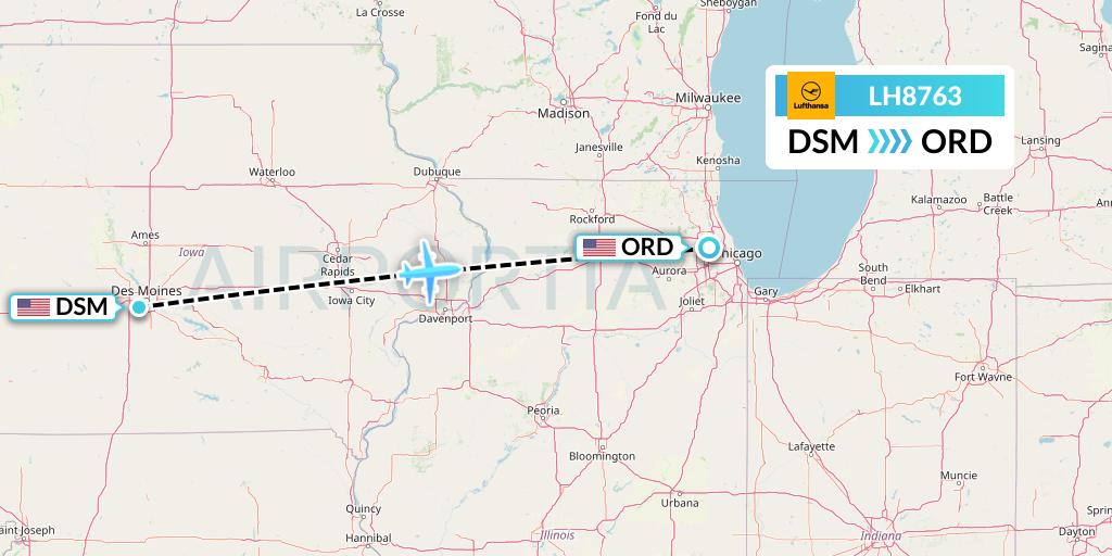 LH8763 Lufthansa Flight Map: Des Moines to Chicago