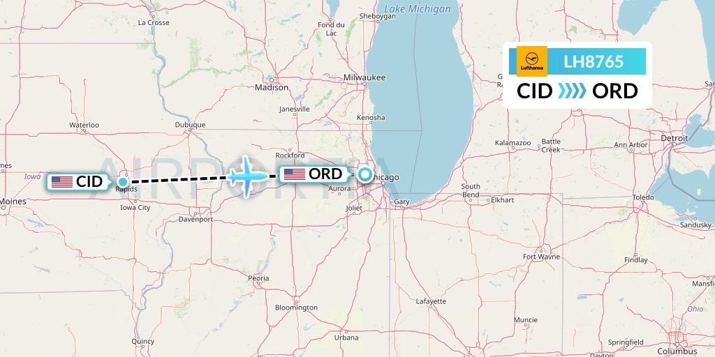 LH8765 Lufthansa Flight Map: Cedar Rapids to Chicago