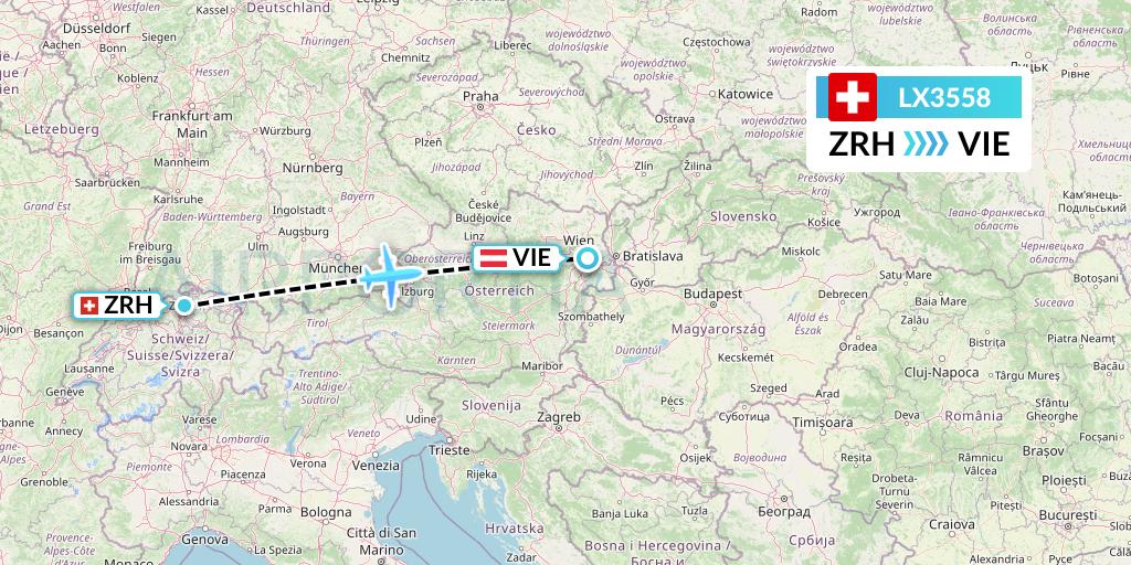 LX3558 Swiss Flight Map: Zurich to Vienna