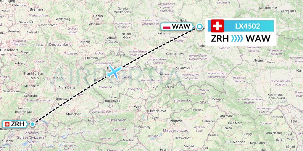 LX4502 Swiss Flight Map: Zurich to Warsaw