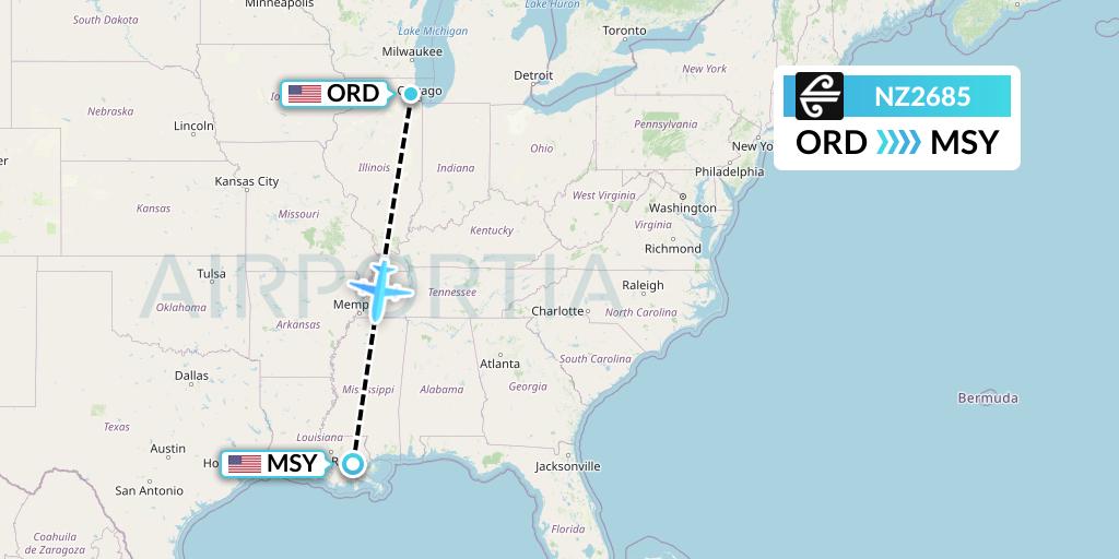 NZ2685 Air New Zealand Flight Map: Chicago to New Orleans