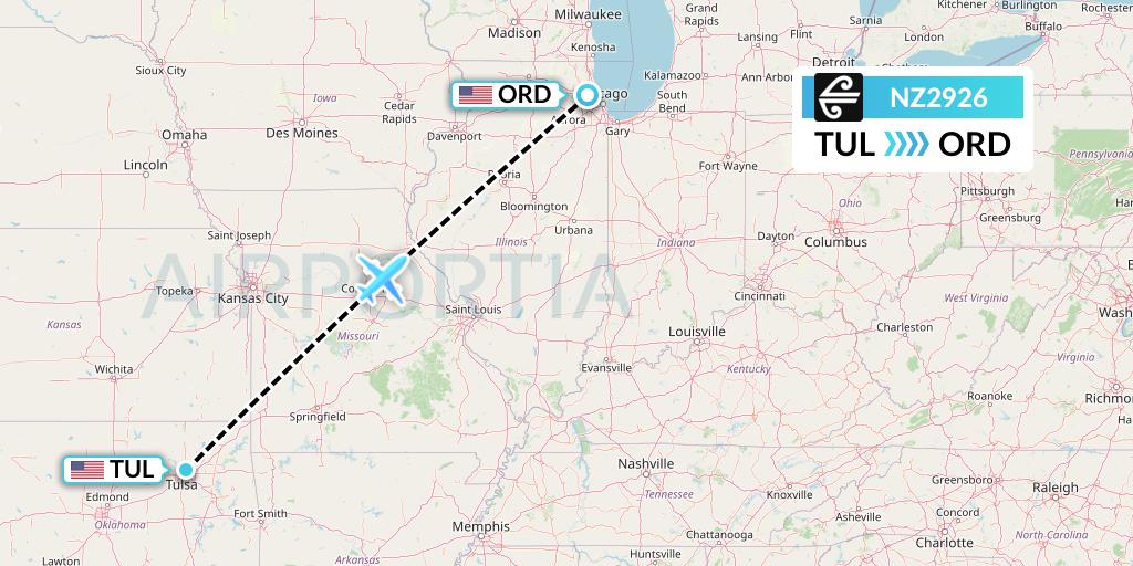 NZ2926 Air New Zealand Flight Map: Tulsa to Chicago