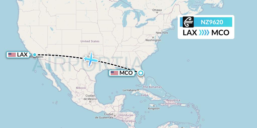 NZ9620 Air New Zealand Flight Map: Los Angeles to Orlando
