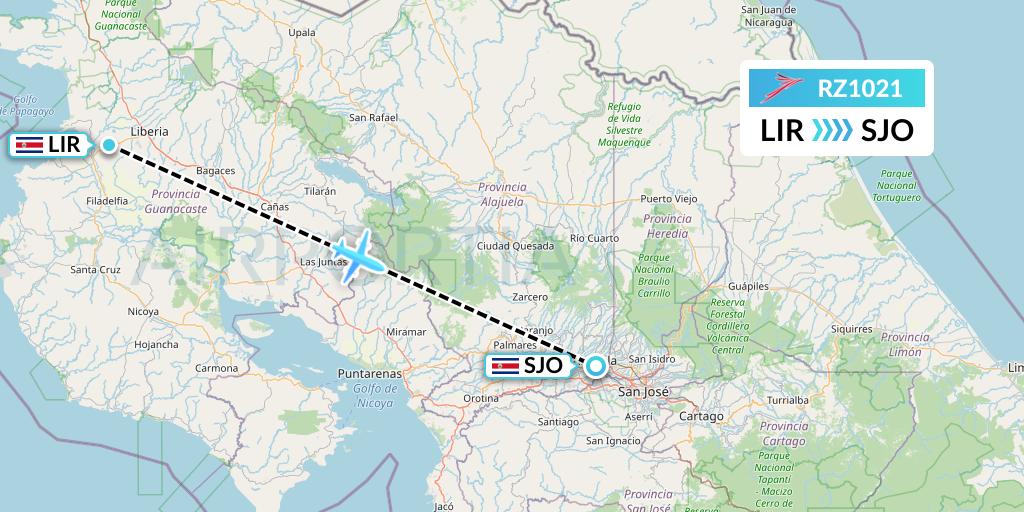 RZ1021 Sansa Airlines Flight Map: Liberia to San Jose