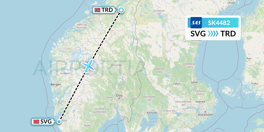 SK4482 SAS Flight Map: Stavanger to Trondheim