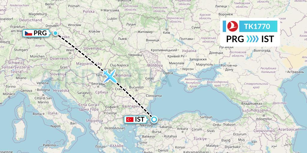 TK1770 Turkish Airlines Flight Map: Prague to Istanbul