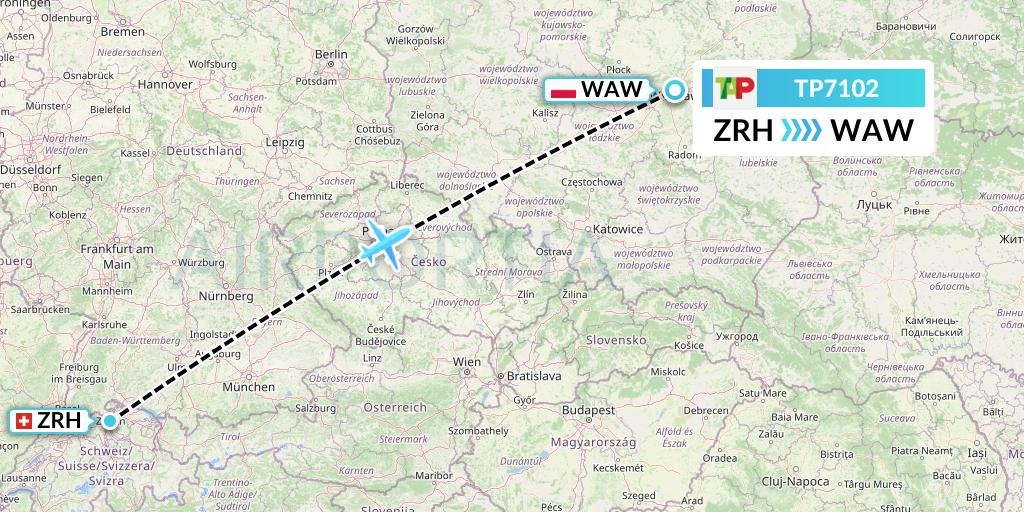 TP7102 TAP Portugal Flight Map: Zurich to Warsaw