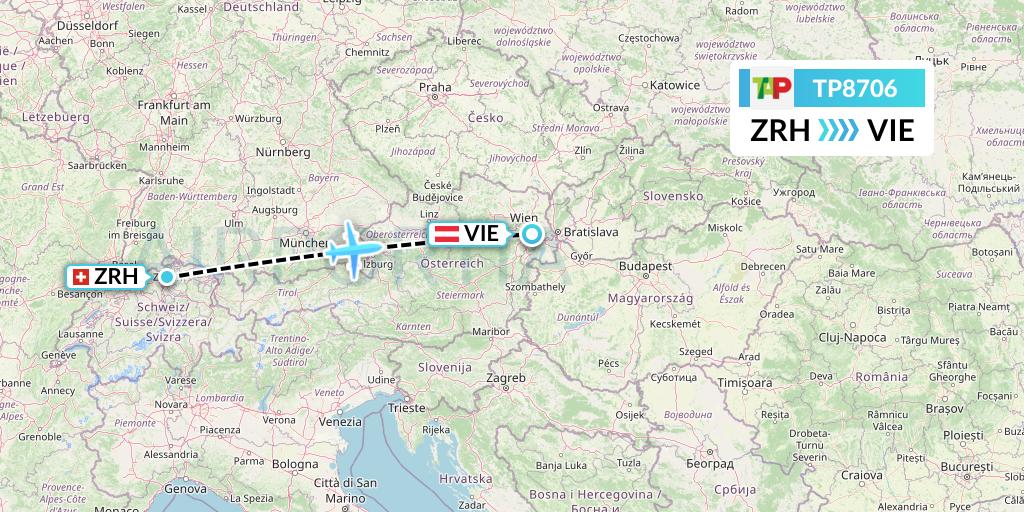 TP8706 TAP Portugal Flight Map: Zurich to Vienna