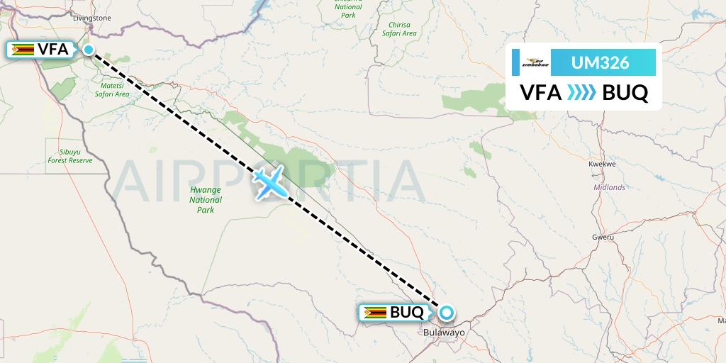UM326 Air Zimbabwe Flight Map: Victoria Falls to Bulawayo
