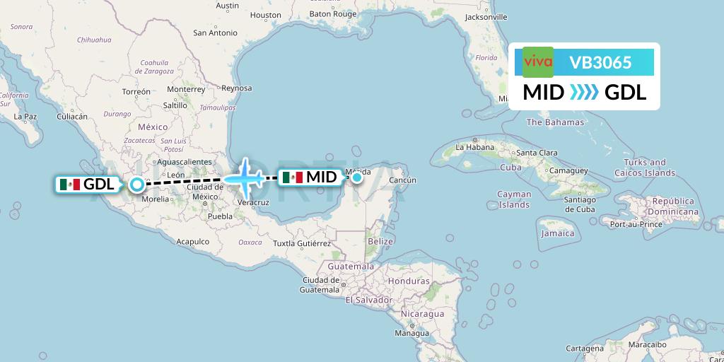 VB3065 VivaAerobus Flight Map: Merida to Guadalajara