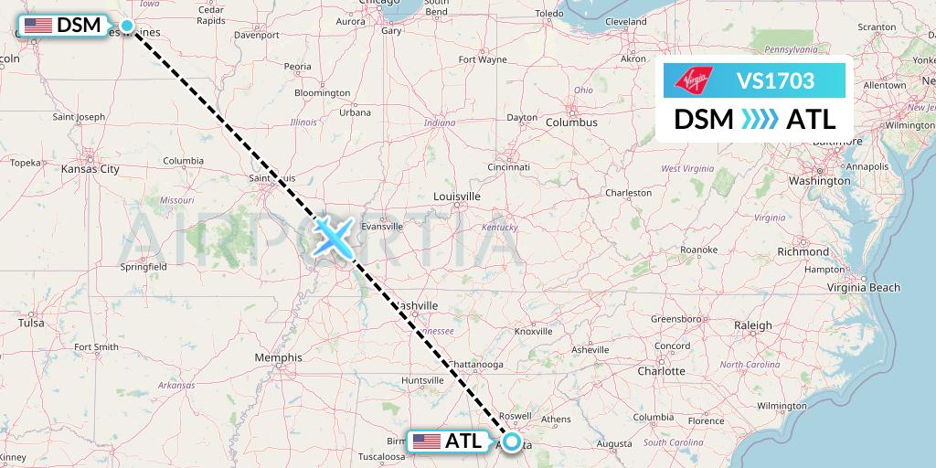 VS1703 Virgin Atlantic Airways Flight Map: Des Moines to Atlanta