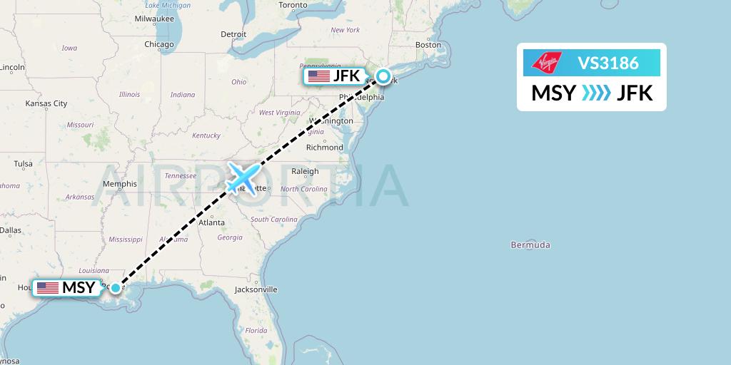 VS3186 Virgin Atlantic Airways Flight Map: New Orleans to New York
