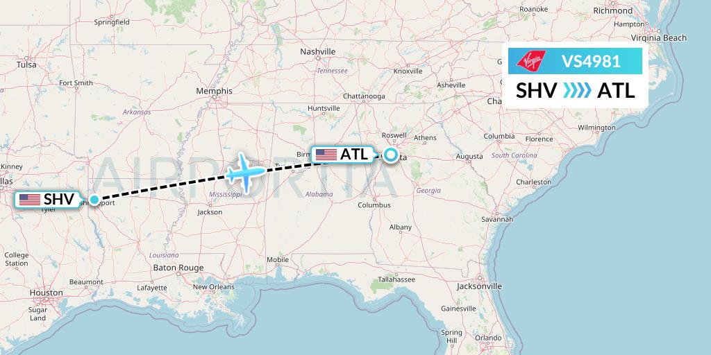 VS4981 Virgin Atlantic Airways Flight Map: Shreveport to Atlanta