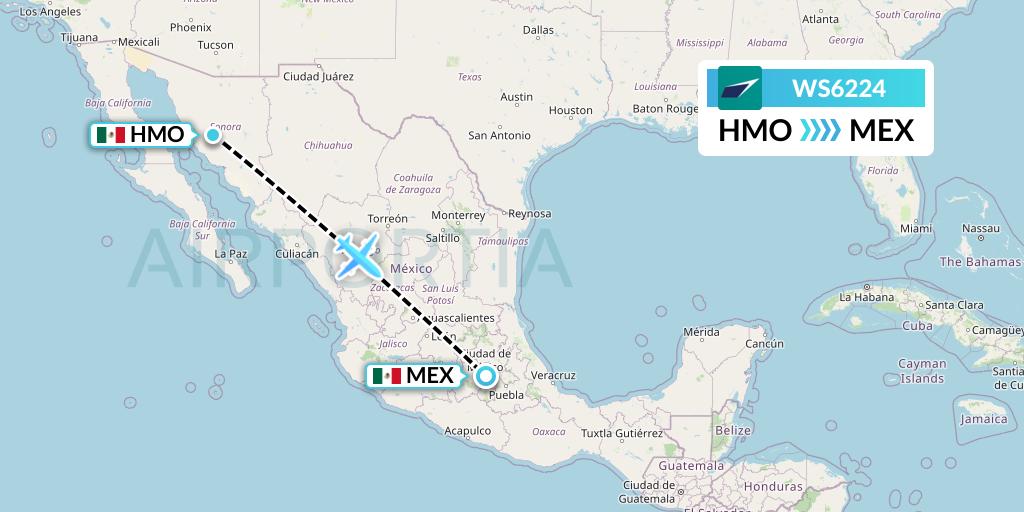 WS6224 WestJet Flight Map: Hermosillo to Mexico City