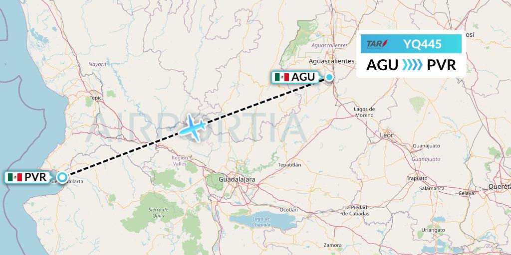 YQ445 TAR Aerolineas Flight Map: Aguascalientes to Puerto Vallarta