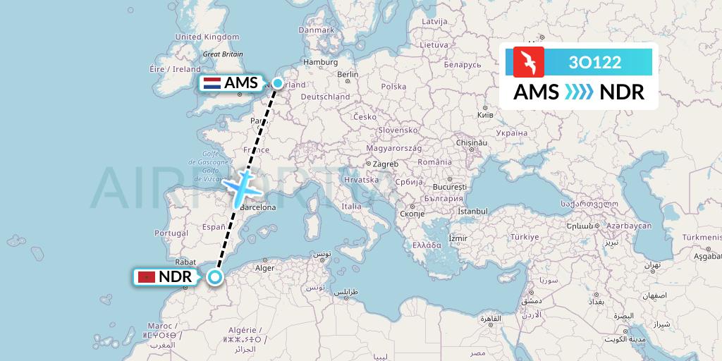 3O122 Air Arabia Maroc Flight Map: Amsterdam to Nador