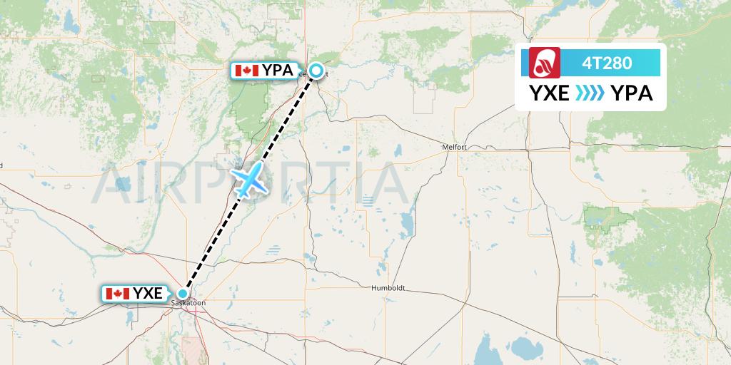 4T280 Rise Air Flight Map: Saskatoon to Prince Albert