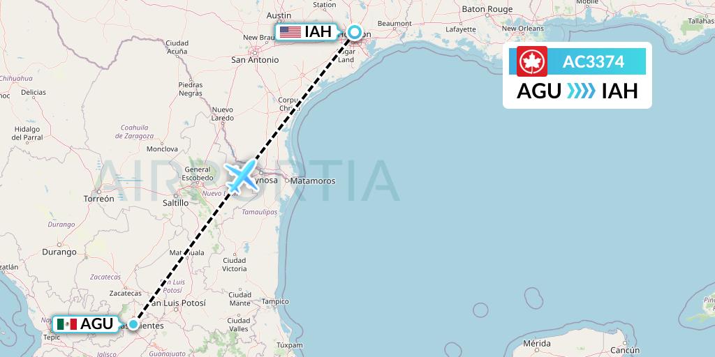 AC3374 Air Canada Flight Map: Aguascalientes to Houston