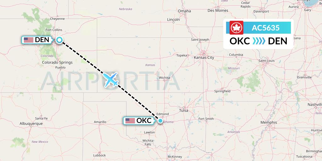 AC5635 Air Canada Flight Map: Oklahoma City to Denver