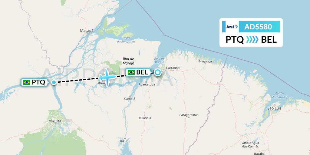 AD5580 Azul Brazilian Airlines Flight Map: Porto De Moz to Belem