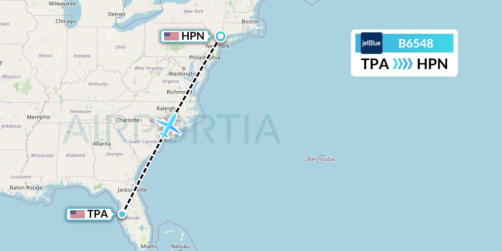 B6548 JetBlue Airways Flight Map: Tampa to White Plains