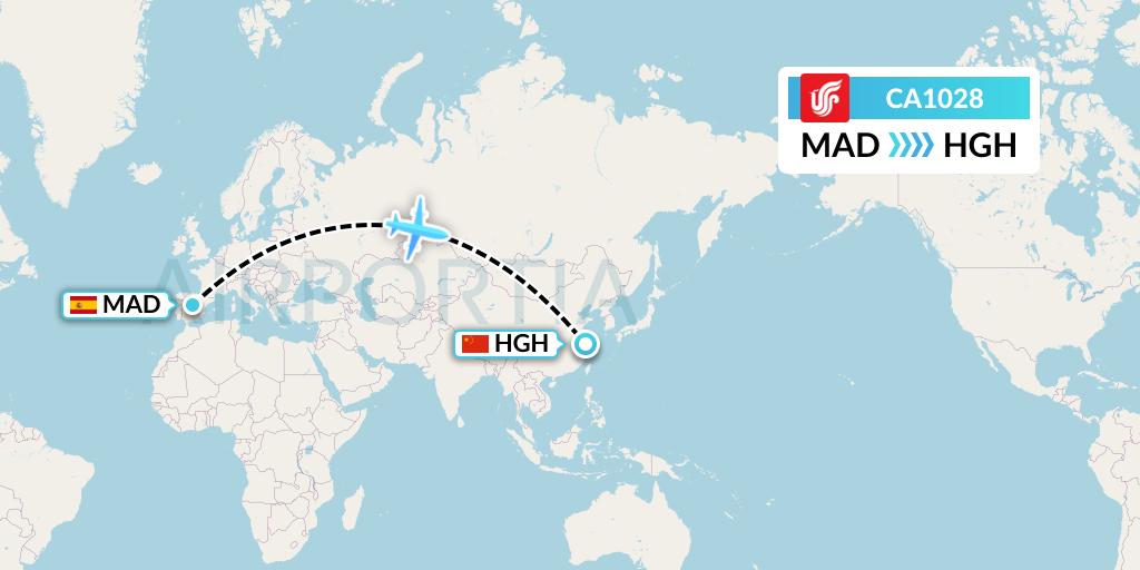 CA1028 Air China Flight Map: Madrid to Hangzhou