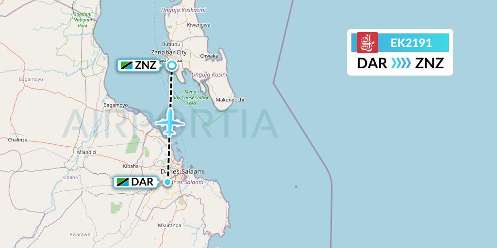 EK2191 Emirates Flight Map: Dar-es-Salaam to Zanzibar