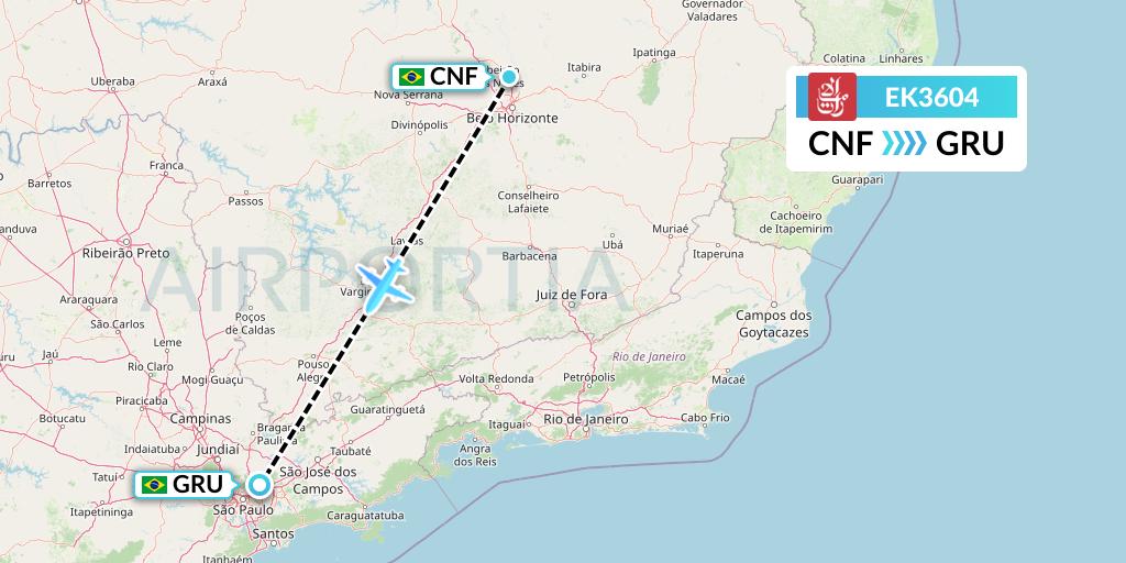 EK3604 Emirates Flight Map: Belo Horizonte to Sao Paulo