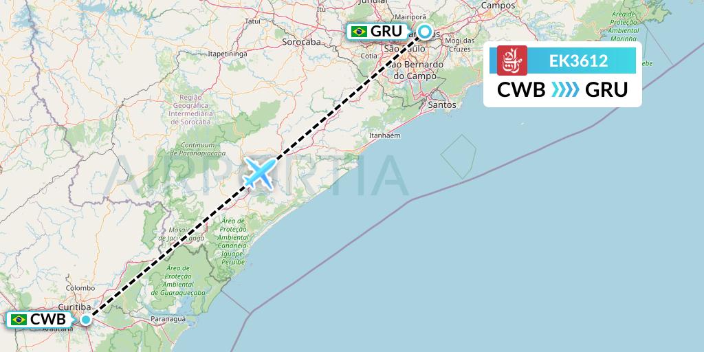 EK3612 Emirates Flight Map: Curitiba to Sao Paulo