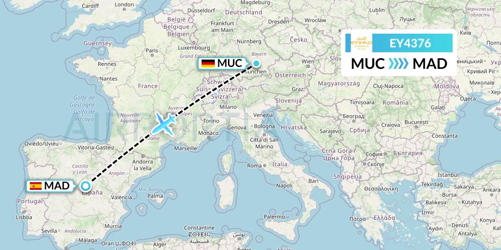 EY4376 Etihad Airways Flight Map: Munich to Madrid