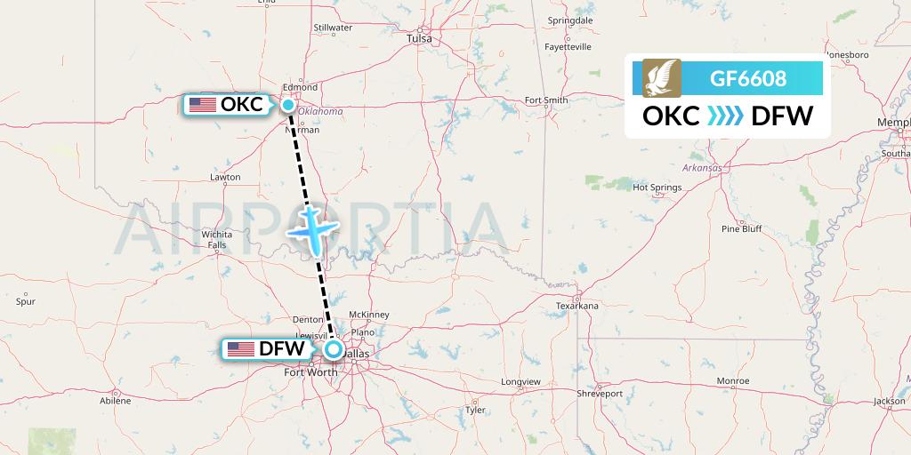 GF6608 Gulf Air Flight Map: Oklahoma City to Dallas
