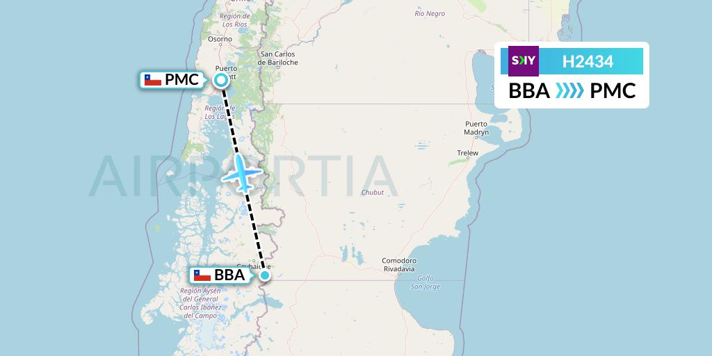 H2434 Sky Airline Flight Map: Balmaceda to Puerto Montt