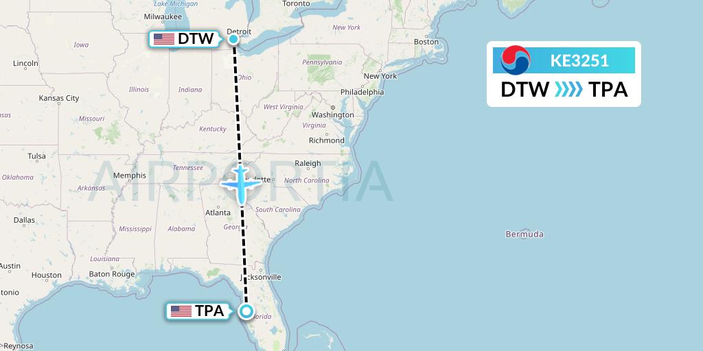 KE3251 Korean Air Flight Map: Detroit to Tampa