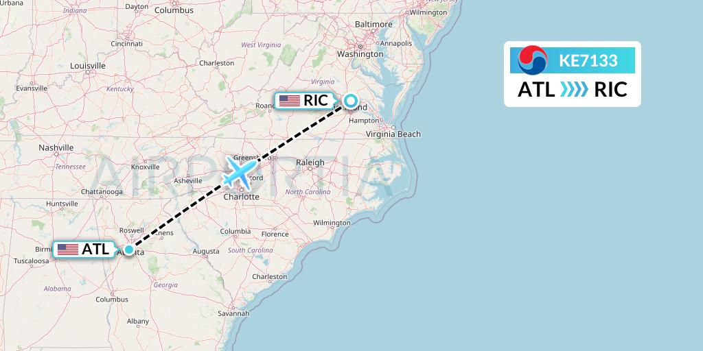 KE7133 Korean Air Flight Map: Atlanta to Richmond