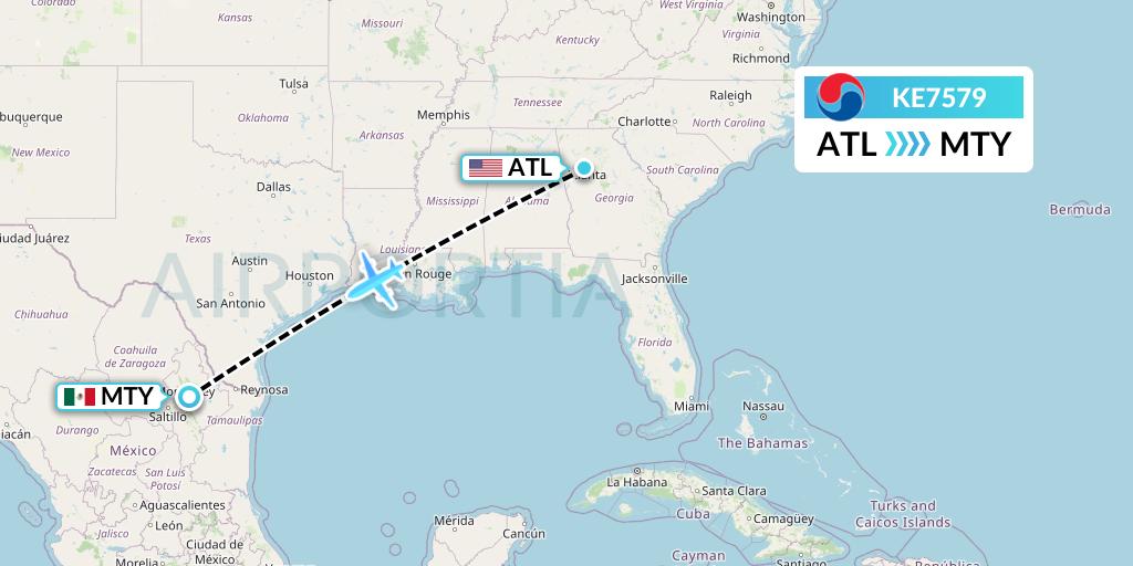 KE7579 Korean Air Flight Map: Atlanta to Monterrey