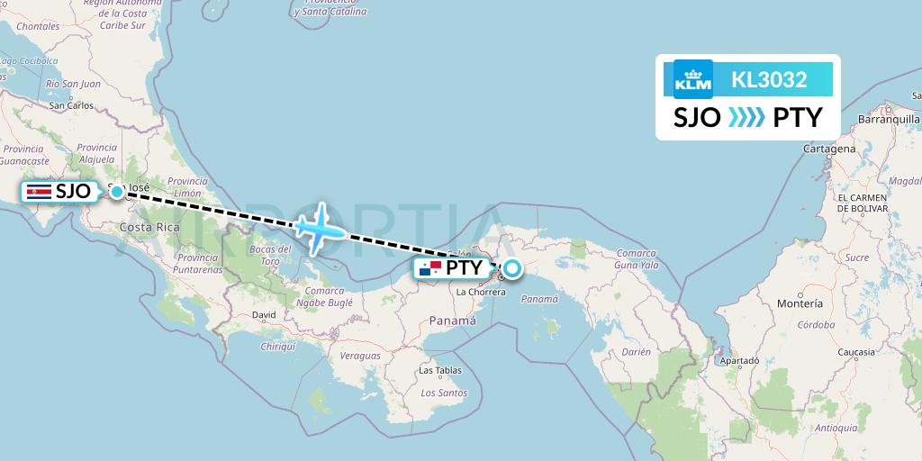 KL3032 KLM Flight Map: San Jose to Panama City