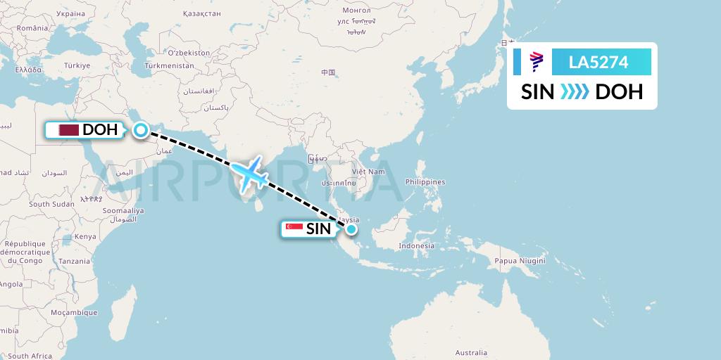 LA5274 LAN Airlines Flight Map: Singapore to Doha