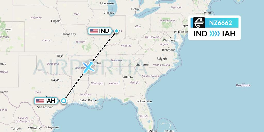 NZ6662 Air New Zealand Flight Map: Indianapolis to Houston