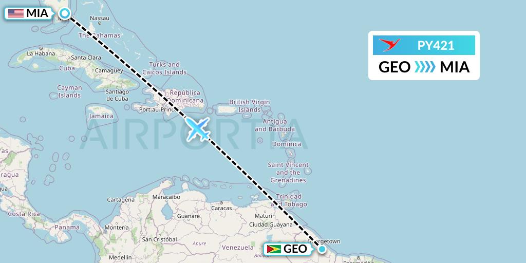 PY421 Surinam Airways Flight Map: Georgetown to Miami