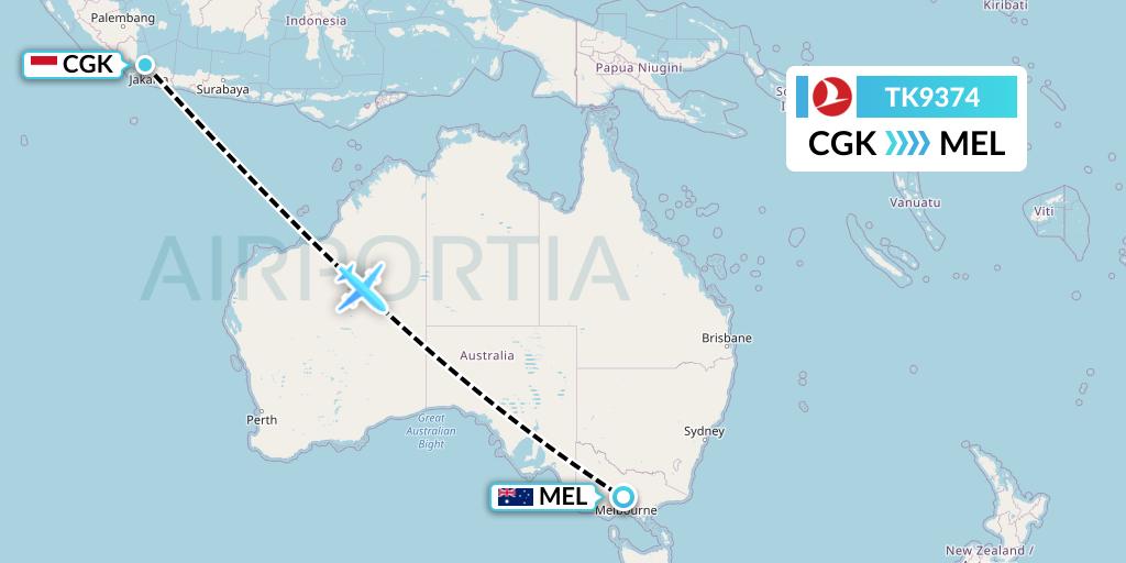 TK9374 Turkish Airlines Flight Map: Jakarta to Melbourne