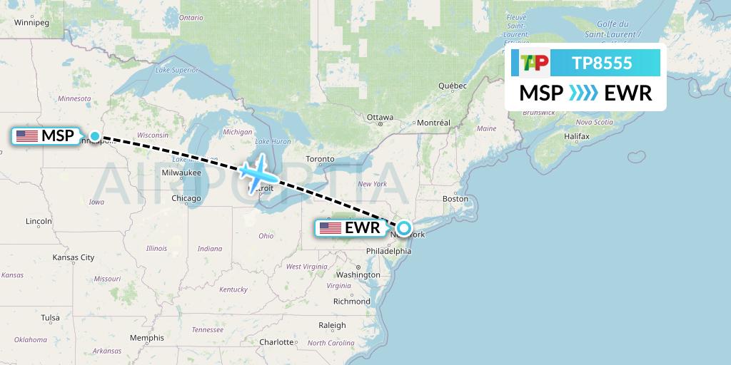 TP8555 TAP Portugal Flight Map: Minneapolis to New York