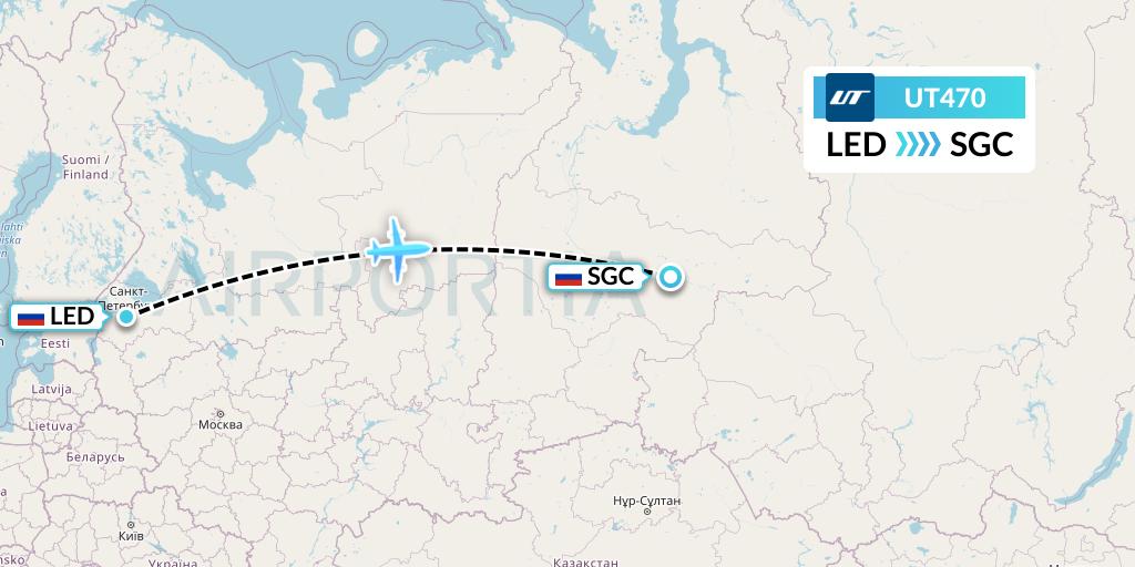 UT470 UTair Flight Map: St. Petersburg to Surgut