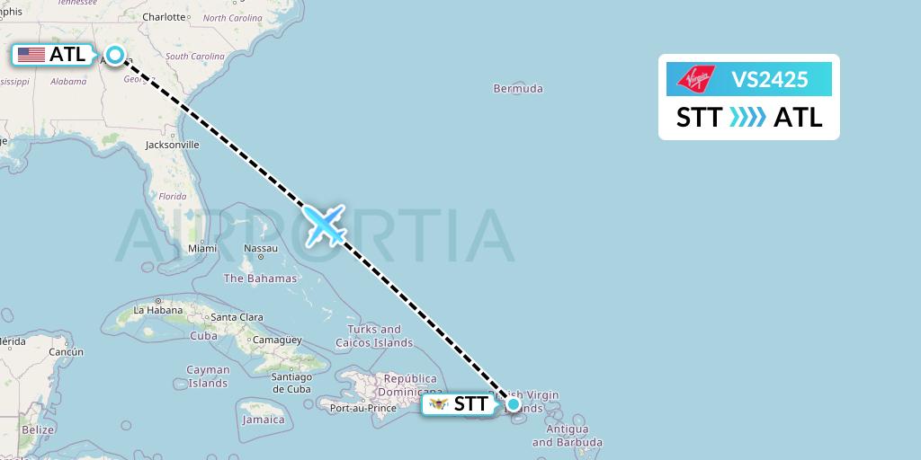 VS2425 Virgin Atlantic Airways Flight Map: St. Thomas to Atlanta