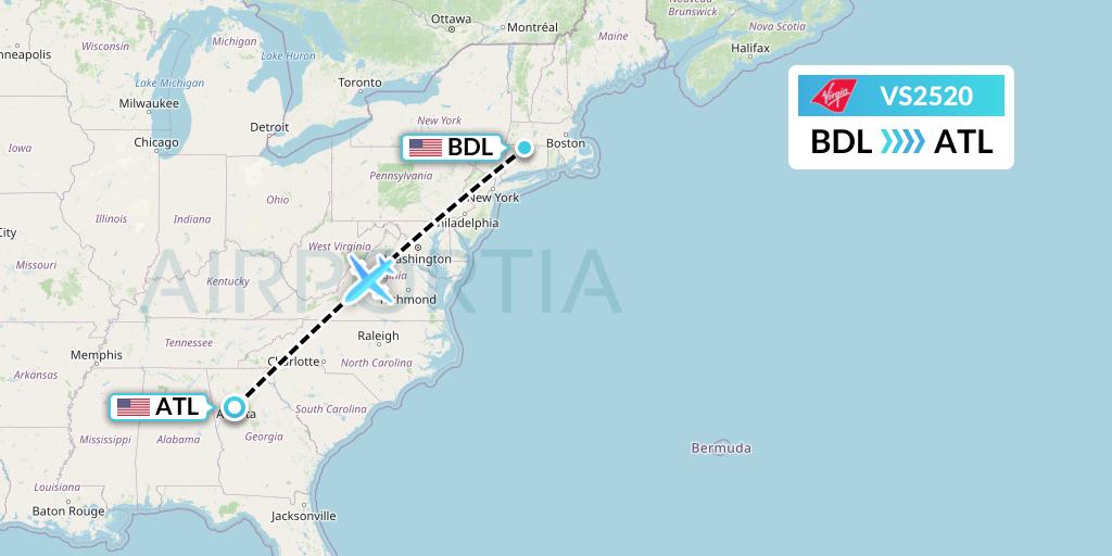 VS2520 Virgin Atlantic Airways Flight Map: Windsor Locks to Atlanta